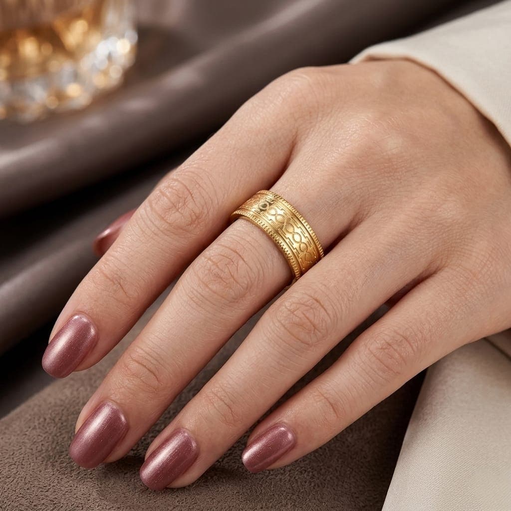 A unisex gold-tone ring made of rust-resistant stainless steel. Featuring an interlocking ring design and geometric patterns, it's surrounded by ribbed edges. Perfect for engagements and special occasions! Women's Rings (5)