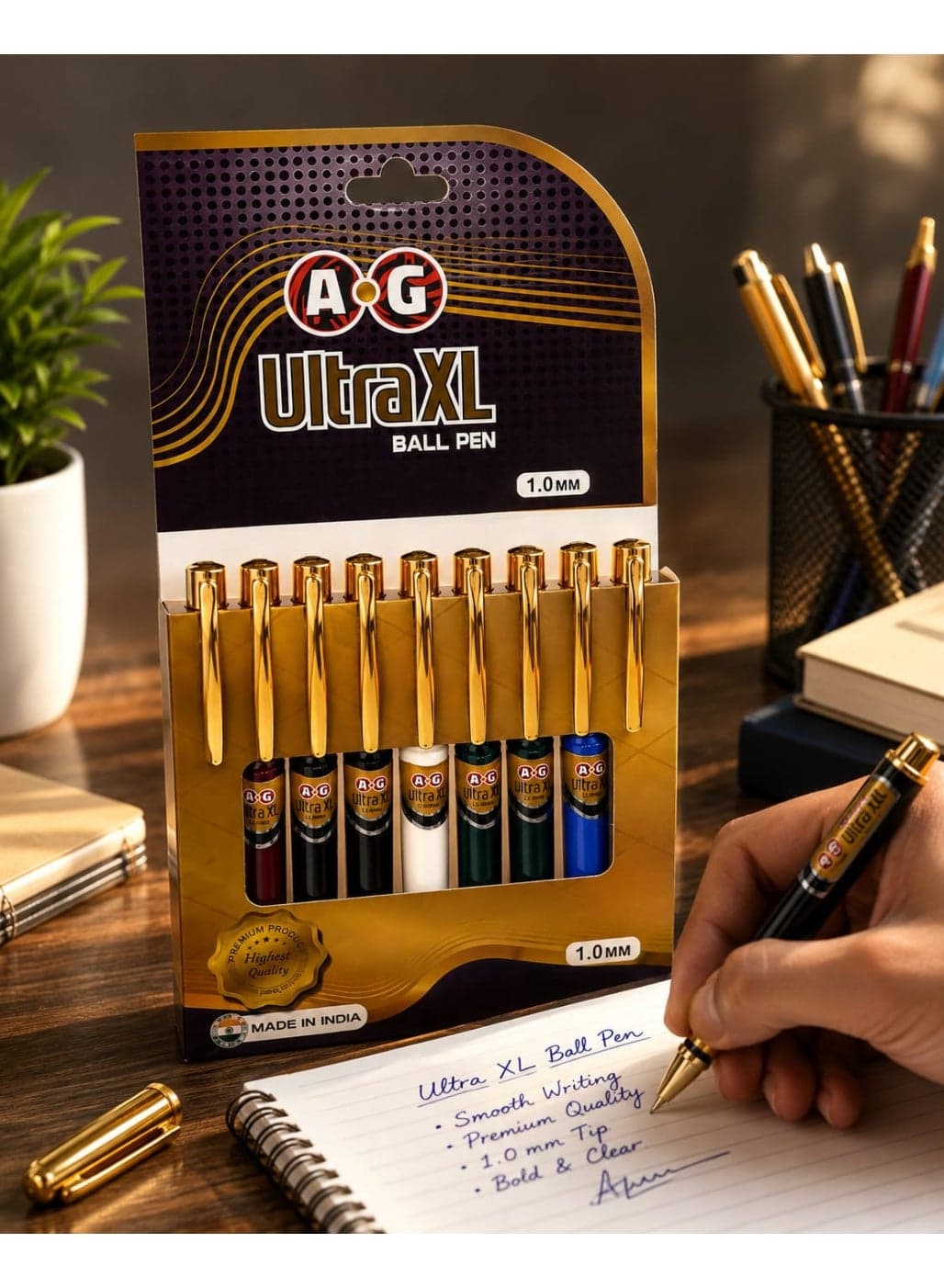 A&G Ultra XL Set of 10 Ballpoint Pens, 1.0 mm, Assorted Colors – Smooth and Clear Writing – Practical Pens for School and Office Use (٢)