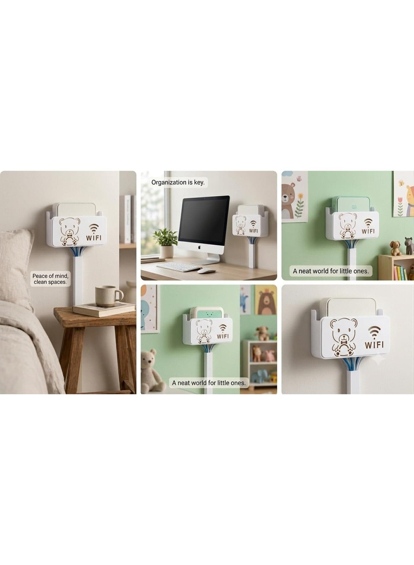 Wall Mount Router Holder Shelf - High Load Capacity No-Drill Adhesive with Bear Aesthetic & Cable Slots for Organizing Router Modem TV Box & Cables White (Size 24 x 14 x 5.5 cm) Cord Organizers (٧)