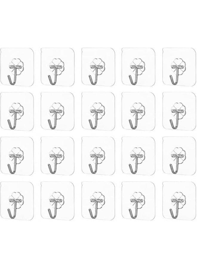 20 pieces of clear, self-adhesive, seamless, reusable, waterproof adhesive wall hooks for bathroom, kitchen, and bedroom; perfect for showers, towels, sponges, keys, decorations, and home organization.