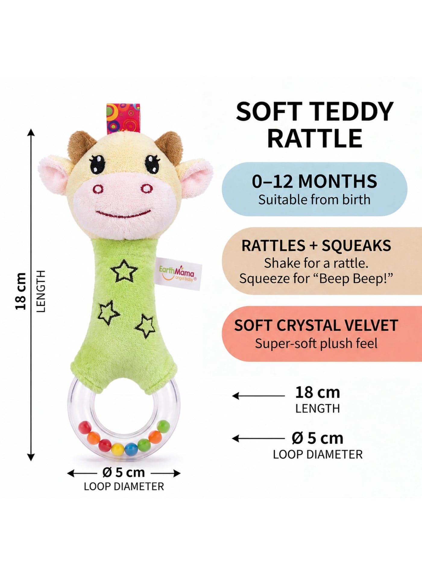 Baby Rattle and Squeak Toy – Soft Plush Developmental Sensory Toy for Newborns and Infants 0-12 Months, 18 cm (3)