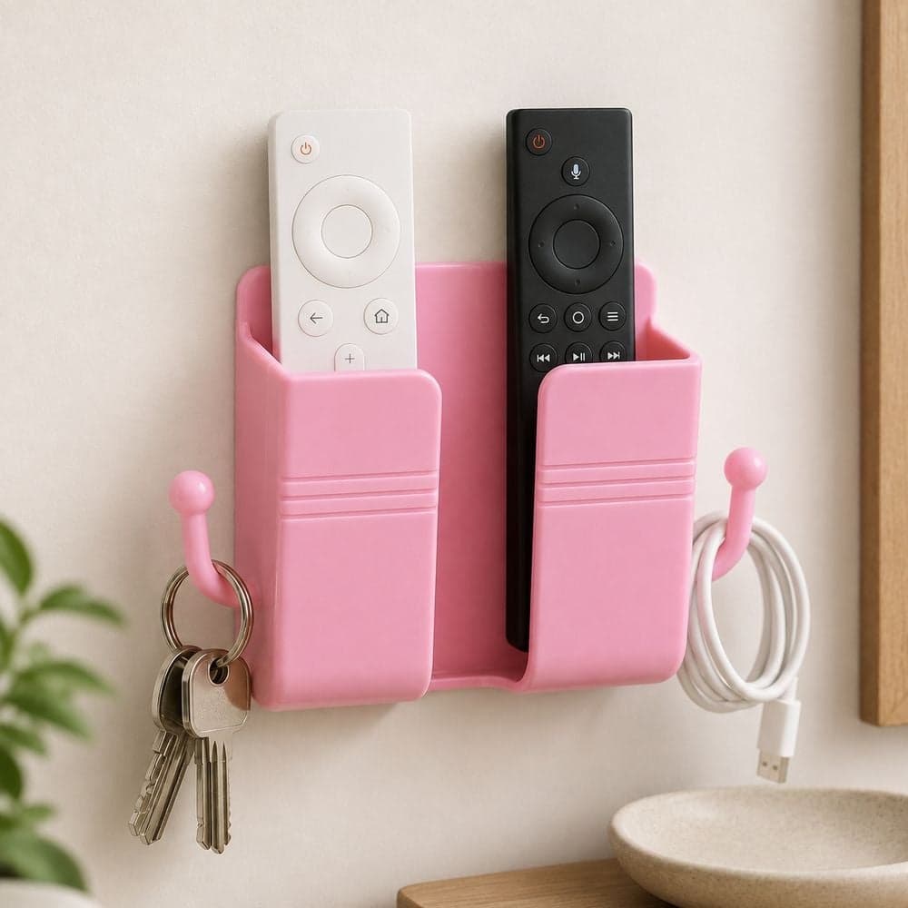 Wall Mounted Multi-Purpose Remote Control and Phone Holder with Dual Storage Slots and Side Hooks - Pink - 1-14 Mounts & Holders (٣)