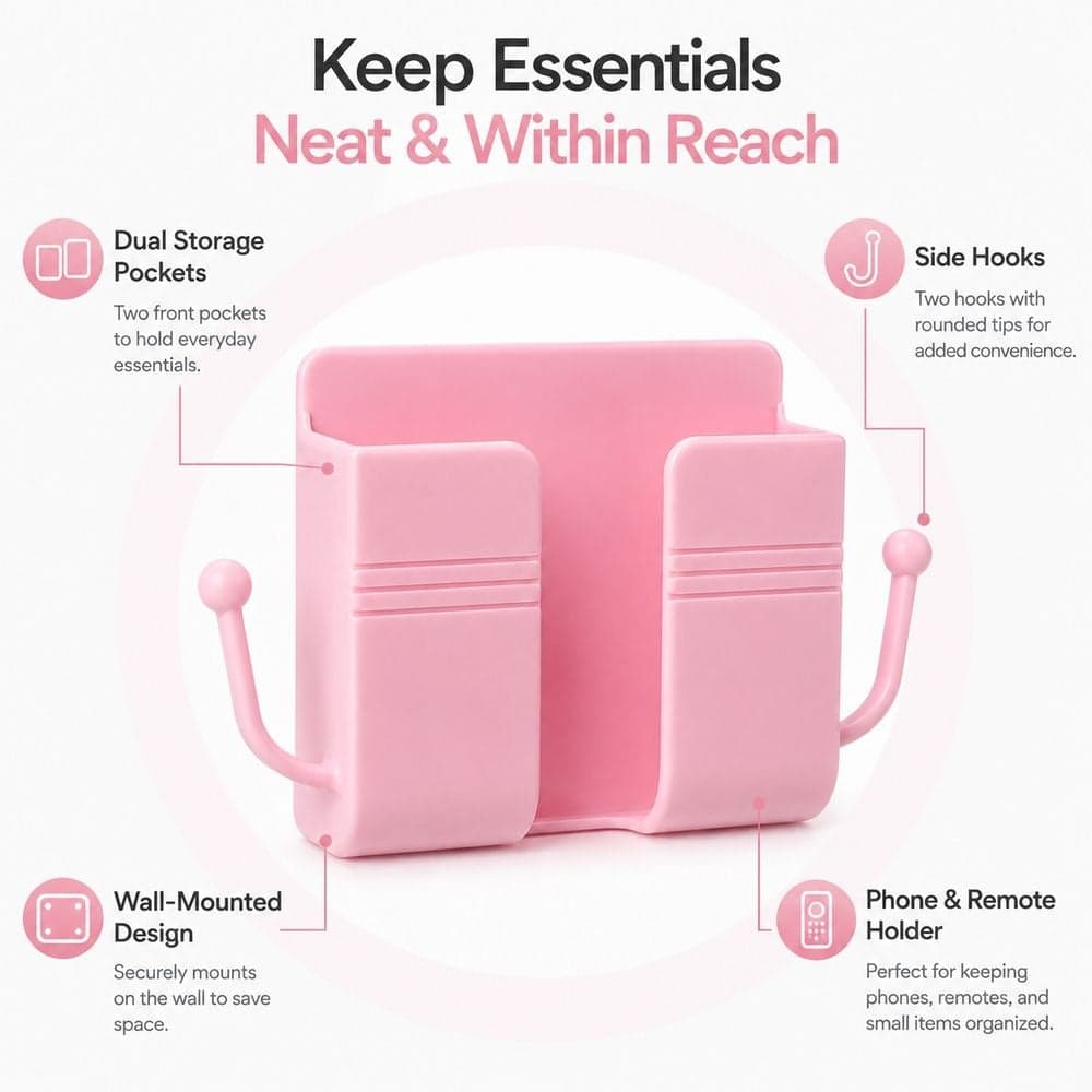 Wall Mounted Multi-Purpose Remote Control and Phone Holder with Dual Storage Slots and Side Hooks - Pink - 1-14 Mounts & Holders (٤)