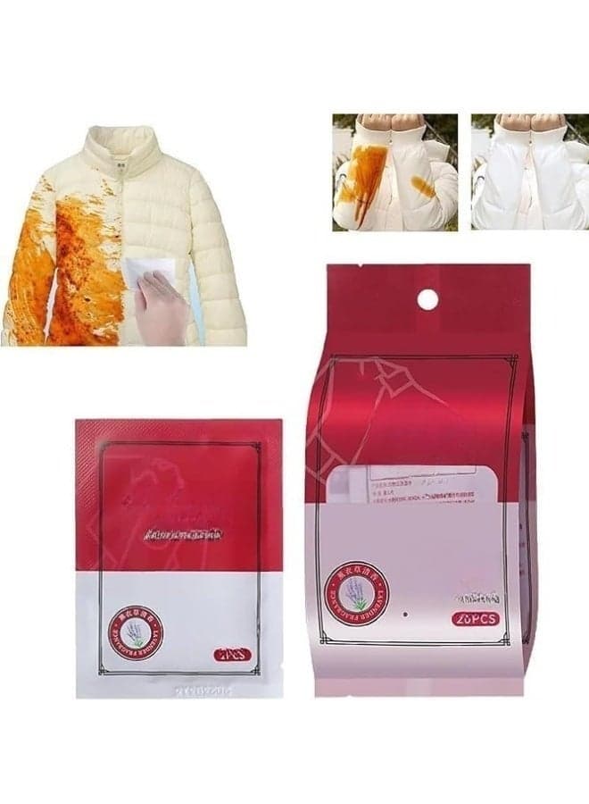 Stain Removal Cloth Wipes Pack (20 wipes) - Powerful wipes for removing food, makeup and sweat stains - Portable wet wipes for emergencies and travel, suitable for all types of fabrics - A quick and effective solution for cleaning clothes without the need for water or a full wash. Stain Remover