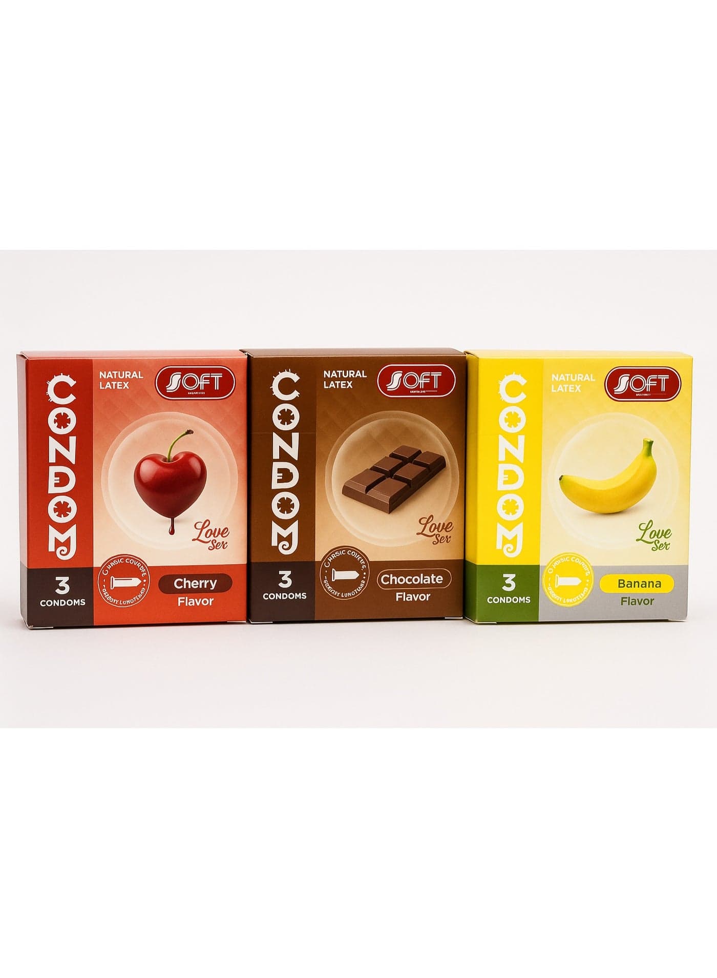 SOFT Condoms Mixed Flavors Bundle – Cherry + Chocolate + Banana | Natural Latex – 3×3 Pack Family Planning & Contraceptives