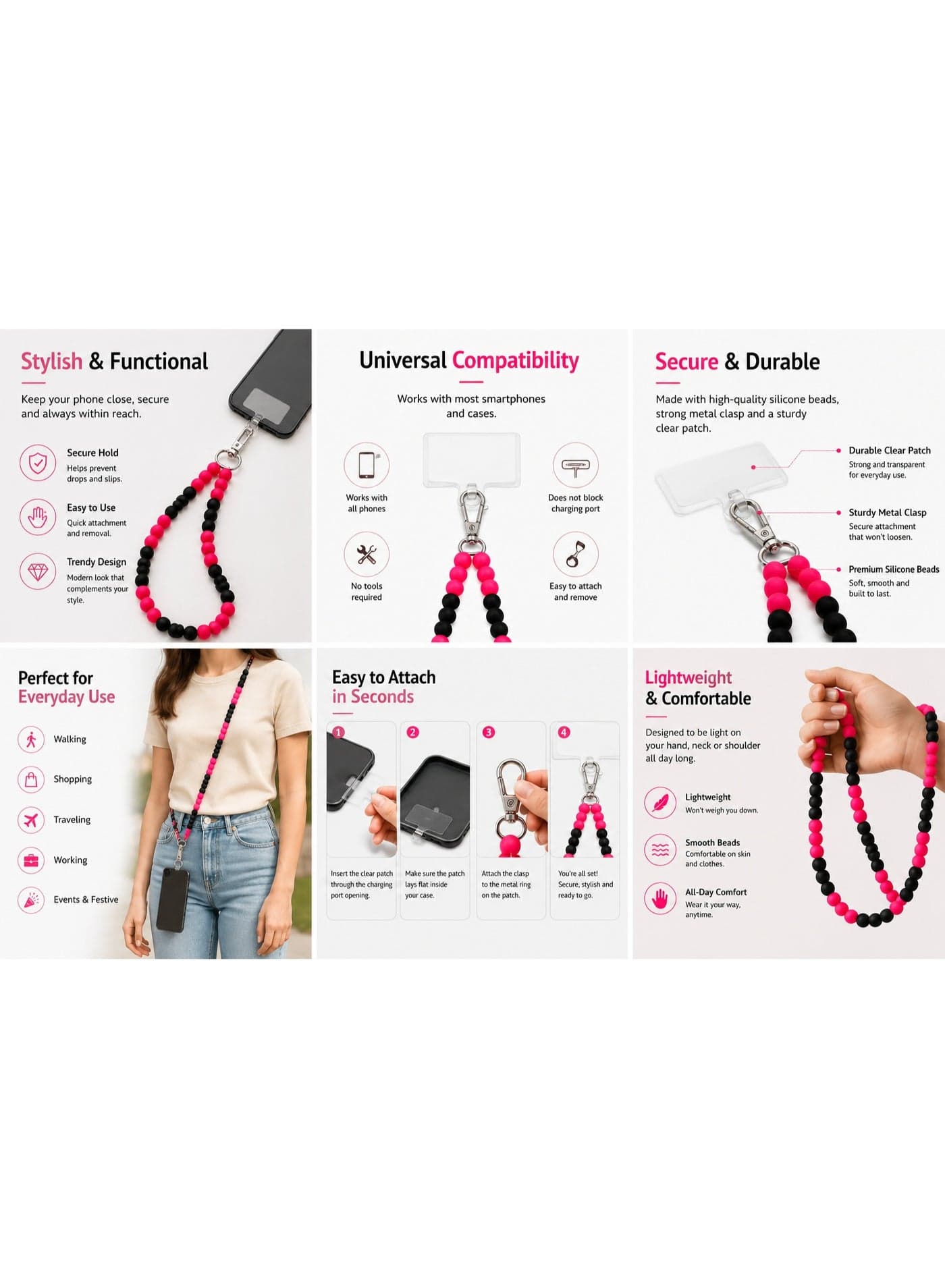 Universal Soft Silicone Beaded Mobile Phone Wrist Strap & Lanyard with Clear TPU Tether Tab Insert - Pink & Black (1 Piece) (4)