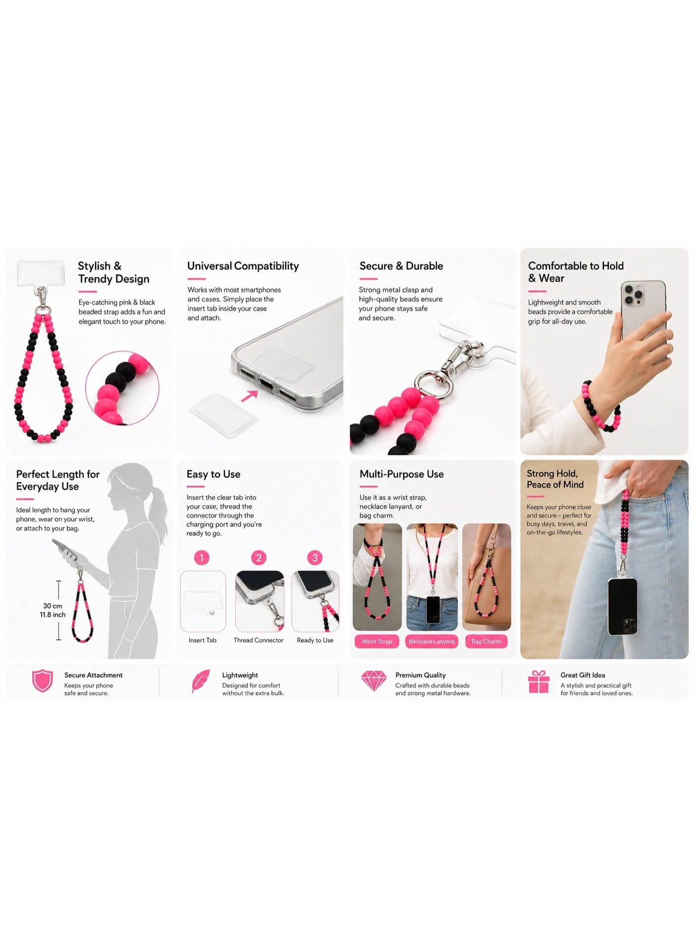 Universal Soft Silicone Beaded Mobile Phone Wrist Strap & Lanyard with Clear TPU Tether Tab Insert - Pink & Black (1 Piece) (6)