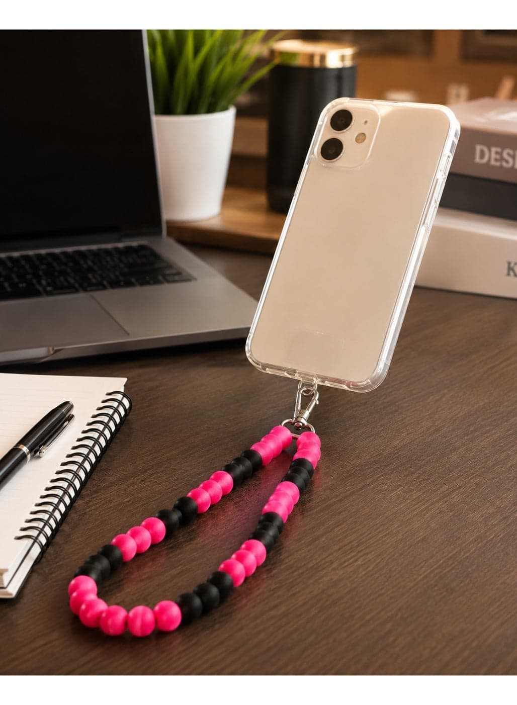 Universal Soft Silicone Beaded Mobile Phone Wrist Strap & Lanyard with Clear TPU Tether Tab Insert - Pink & Black (1 Piece) (3)