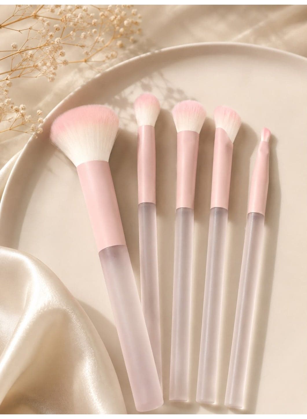 Pastel Pink Makeup Brush Set, Soft Synthetic Bristle Face and Eye Makeup Brushes with Frosted Translucent Handles, Beauty Cosmetic Brush Kit for Daily Makeup Application