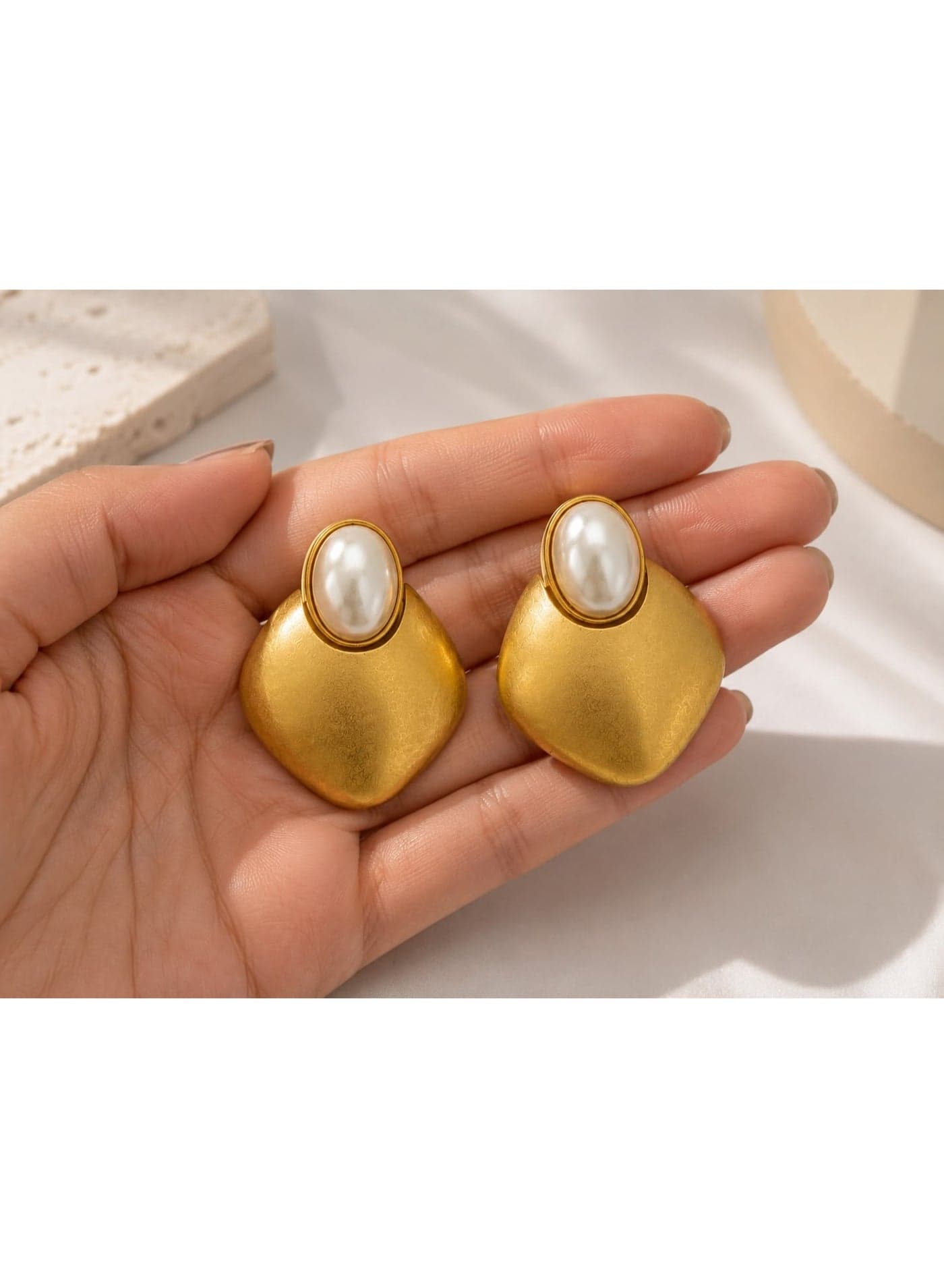 Pearl Earrings with Brushed Gold-Tone Geometric Square Drop and Oval Faux Pearl, Elegant Statement Earrings for Women, Modern Fashion Jewelry (3)