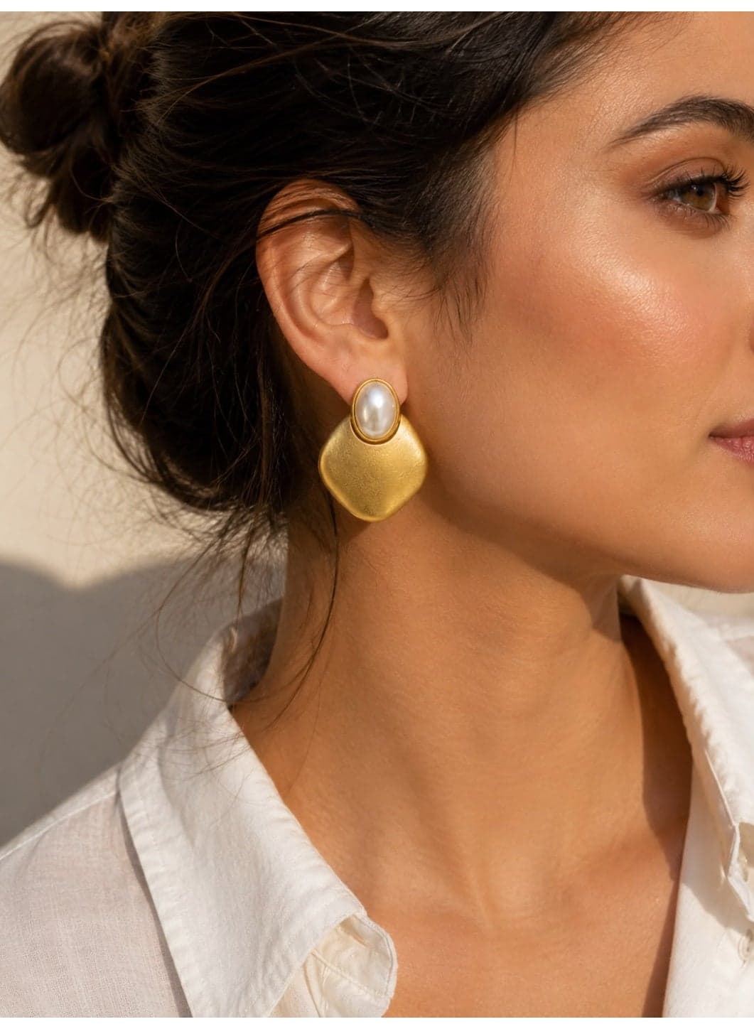 Pearl Earrings with Brushed Gold-Tone Geometric Square Drop and Oval Faux Pearl, Elegant Statement Earrings for Women, Modern Fashion Jewelry