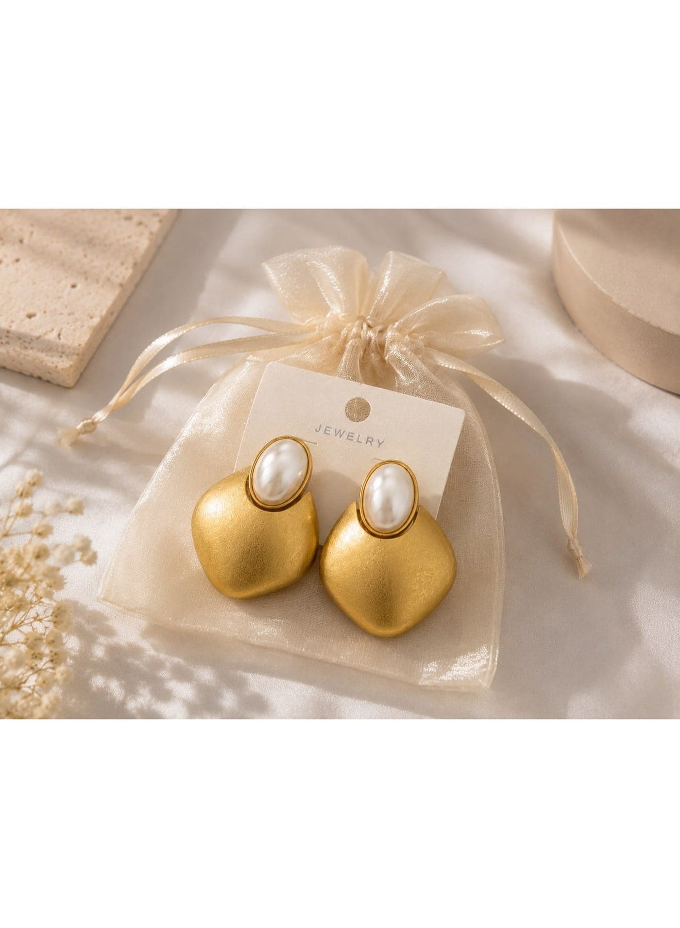 Pearl Earrings with Brushed Gold-Tone Geometric Square Drop and Oval Faux Pearl, Elegant Statement Earrings for Women, Modern Fashion Jewelry (2)
