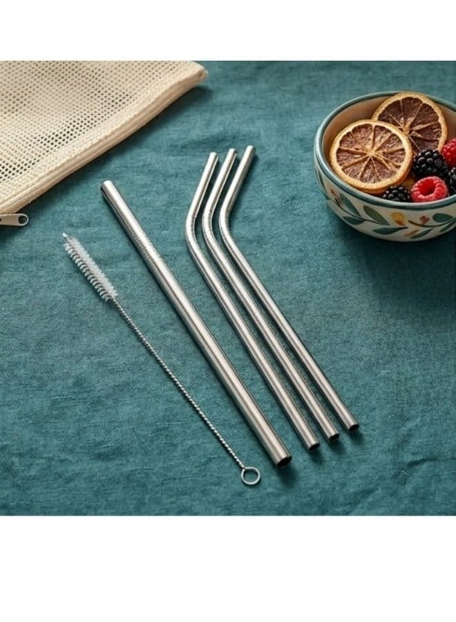 Reusable long stainless steel metal straw set with cleaning brush, 5 pieces, 25cm size (2 curved straws, 2 long straws, 1 cleaning brush), suitable for all cup sizes (6)