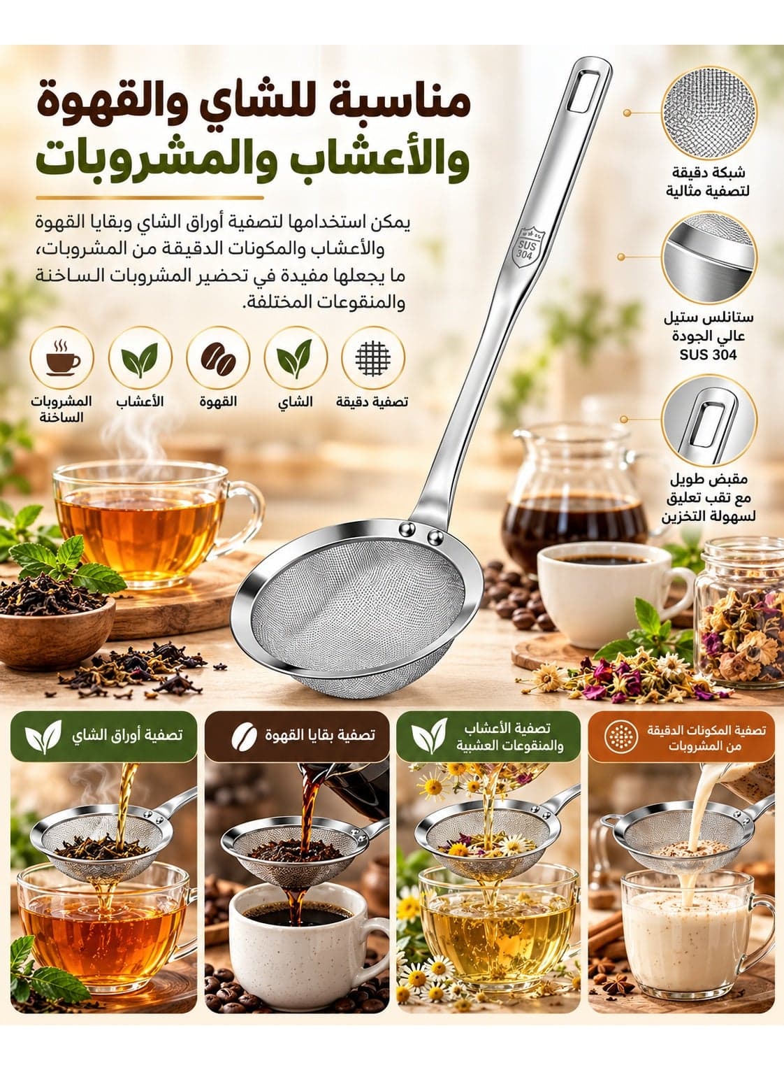 SUS 304 Stainless Steel Fine Mesh Kitchen Strainer with Long Handle, 33 cm Overall Length, 8 cm Strainer Width and 5 cm Depth, Multi-Purpose Sieve for Tea, Coffee, Herbs, Broth, Soup, Oil and Sauces, Draining Pasta, Vegetables, Small Fruits, Legumes and Washed Ingredients, Lifting Fried Foods and Removing Excess Oil, Ideal for Cooking, Frying, Beverage Preparation and Everyday Kitchen Use with Hanging Hole Colanders & Food Strainers (٤)