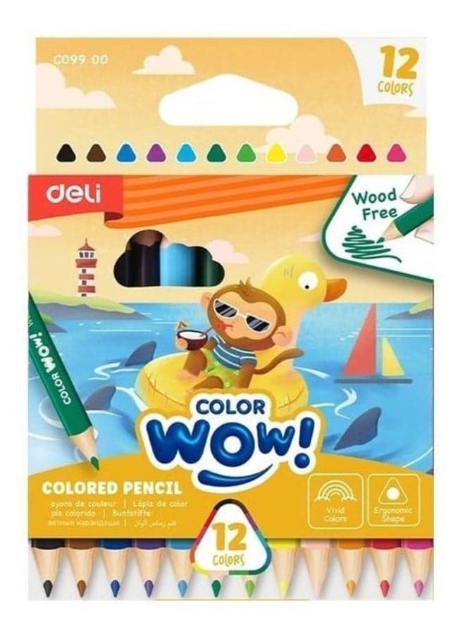 Deli WOW Half-Size Colored Pencils, 12 Vibrant Colors, Triangular Wooden Colored Pencils