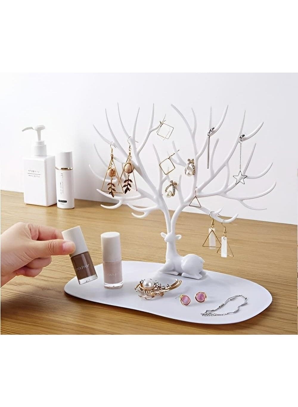 Large Capacity Deer Tree Jewelry Display Stand with Base Tray - Stylish Antler Jewelry Organizer for Tangle-Free Necklaces and Stud Earrings - Versatile Accessory Holder for Watches, Glasses, and Keys - High-Quality Desktop Storage Rack-White Jewellery Organizers (١٠)