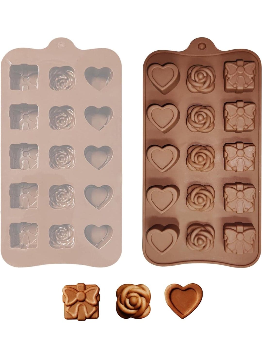 Happy Home Silicone Mold, 22 × 11 cm with 15 Cavities in Heart, Rose and Gift Designs, Flexible Reusable Mold for Chocolate, Candy, Jelly, Ice Cubes, Fudge, Frozen Yogurt, Cake Decorations, Cupcake Toppers, Birthday Treats and Party Desserts – Brown Moulds (2)