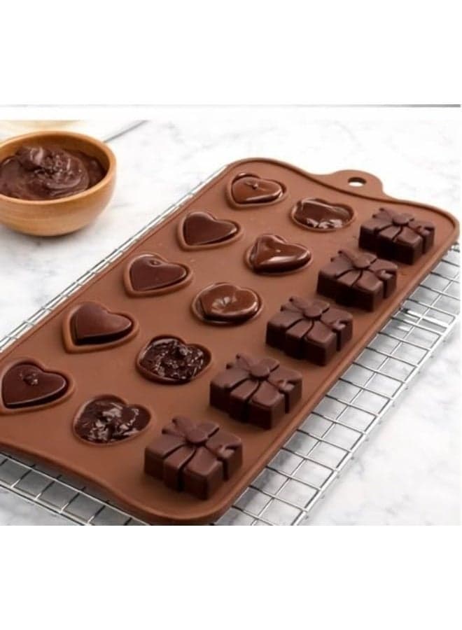 Happy Home Silicone Mold, 22 × 11 cm with 15 Cavities in Heart, Rose and Gift Designs, Flexible Reusable Mold for Chocolate, Candy, Jelly, Ice Cubes, Fudge, Frozen Yogurt, Cake Decorations, Cupcake Toppers, Birthday Treats and Party Desserts – Brown Moulds (3)