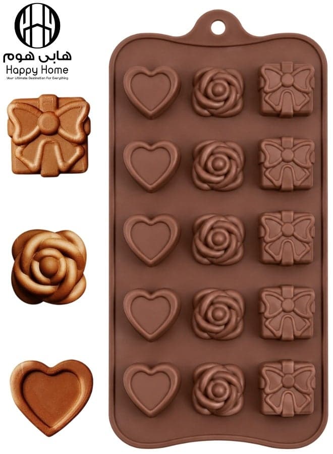 Happy Home Silicone Mold, 22 × 11 cm with 15 Cavities in Heart, Rose and Gift Designs, Flexible Reusable Mold for Chocolate, Candy, Jelly, Ice Cubes, Fudge, Frozen Yogurt, Cake Decorations, Cupcake Toppers, Birthday Treats and Party Desserts – Brown Moulds
