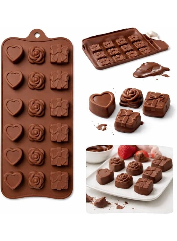 Happy Home Silicone Mold, 22 × 11 cm with 15 Cavities in Heart, Rose and Gift Designs, Flexible Reusable Mold for Chocolate, Candy, Jelly, Ice Cubes, Fudge, Frozen Yogurt, Cake Decorations, Cupcake Toppers, Birthday Treats and Party Desserts – Brown Moulds (5)
