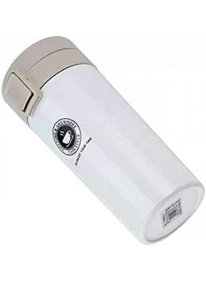 Insulated stainless steel thermal mug (380 ml capacity) featuring an internal strainer and a safety button – White. (2)