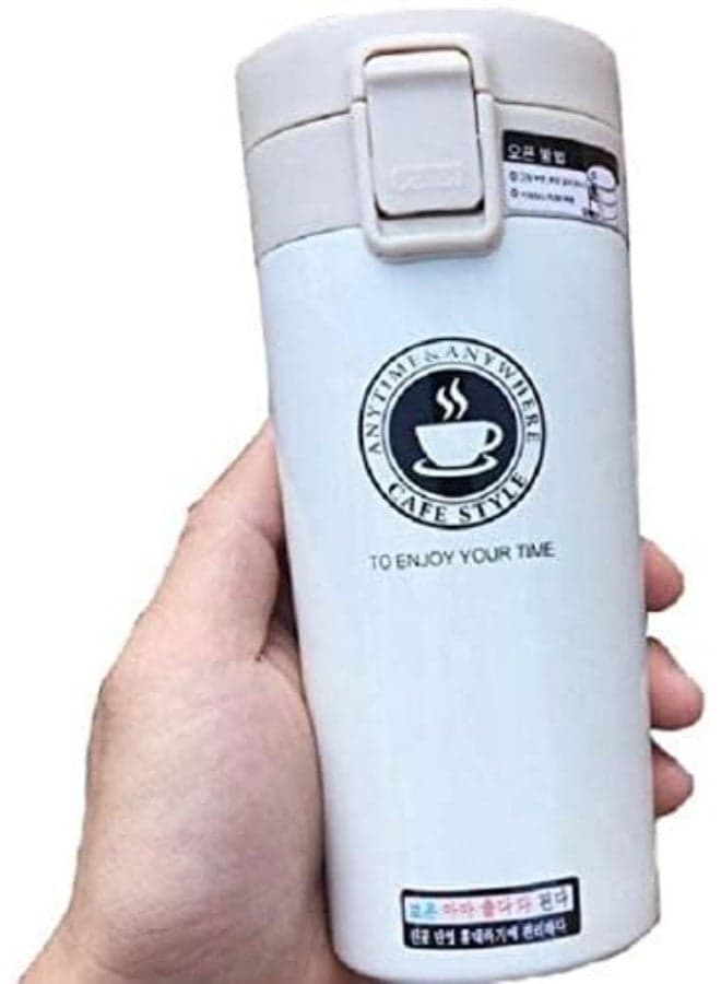 Insulated stainless steel thermal mug (380 ml capacity) featuring an internal strainer and a safety button – White.