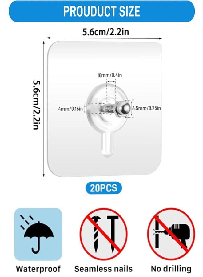 20Pcs Adhesive Hooks Heavy Duty, Wall-Mounted Screw Hook Punch-Free Seamless Screw Waterproof Wall Hook Heavy Duty Sticky Hooks for Kitchen Bathroom Home Office (2)