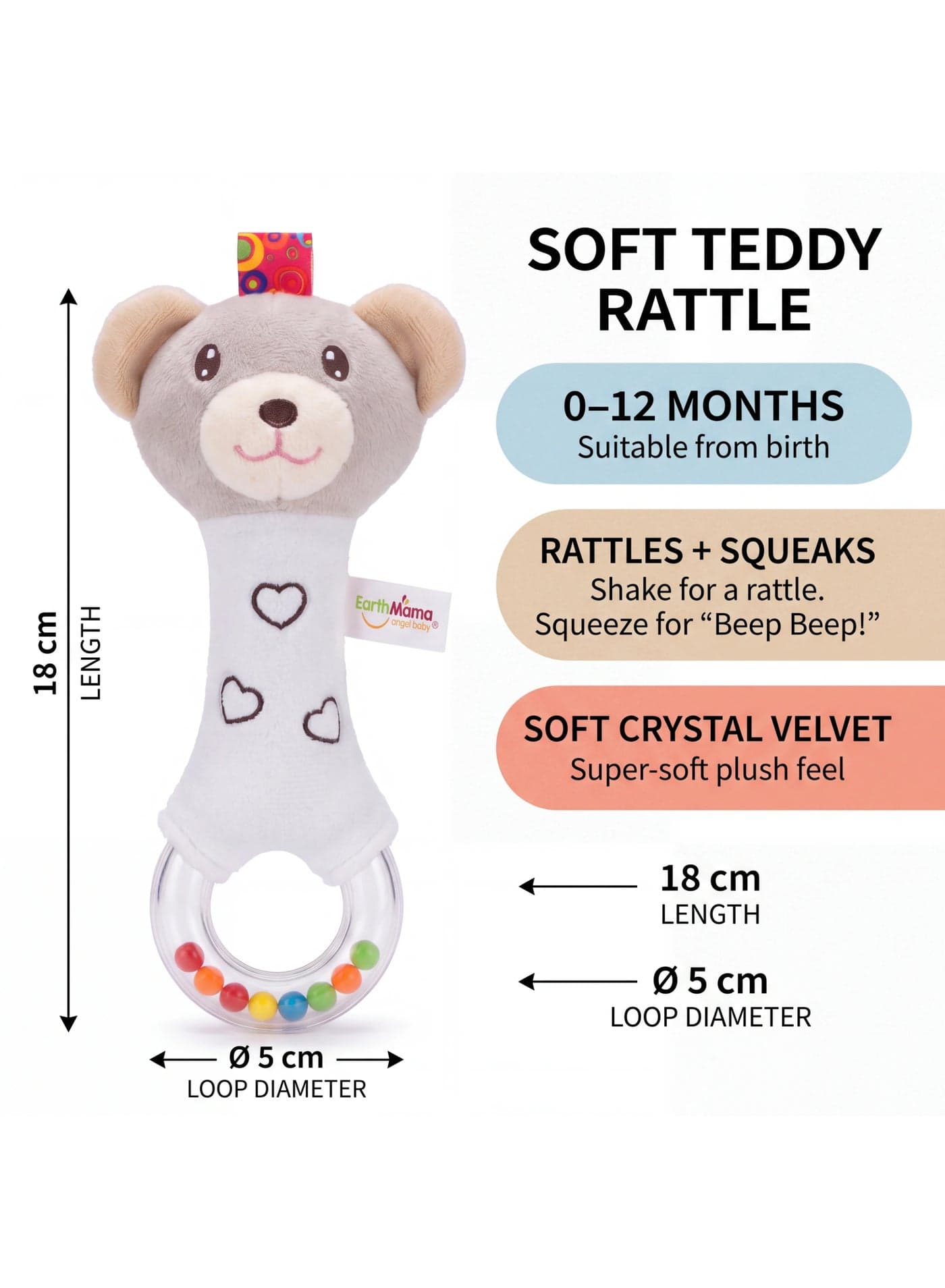 Baby Rattle and Squeak Toy – Soft Plush Developmental Sensory Toy for Newborns and Infants 0-12 Months, 18 cm Keepsake Rattles (٢)