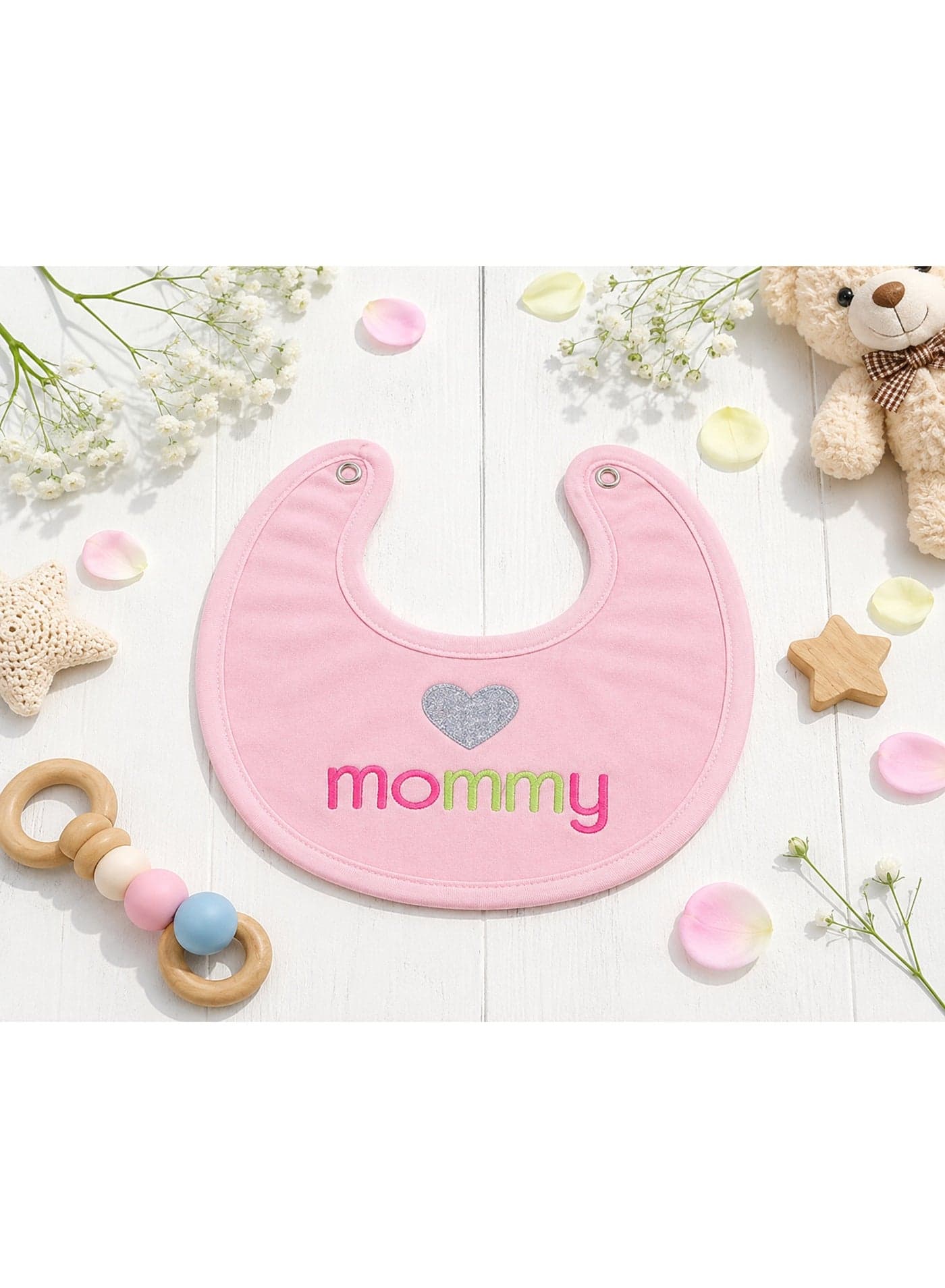 100% Cotton Baby Bib, Soft Pink with Heart & Mommy Design