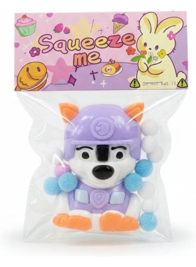 Squeeze Me Squishy Toy, Purple Dog Character, Stress Relief Fidget Toy with Pom Poms