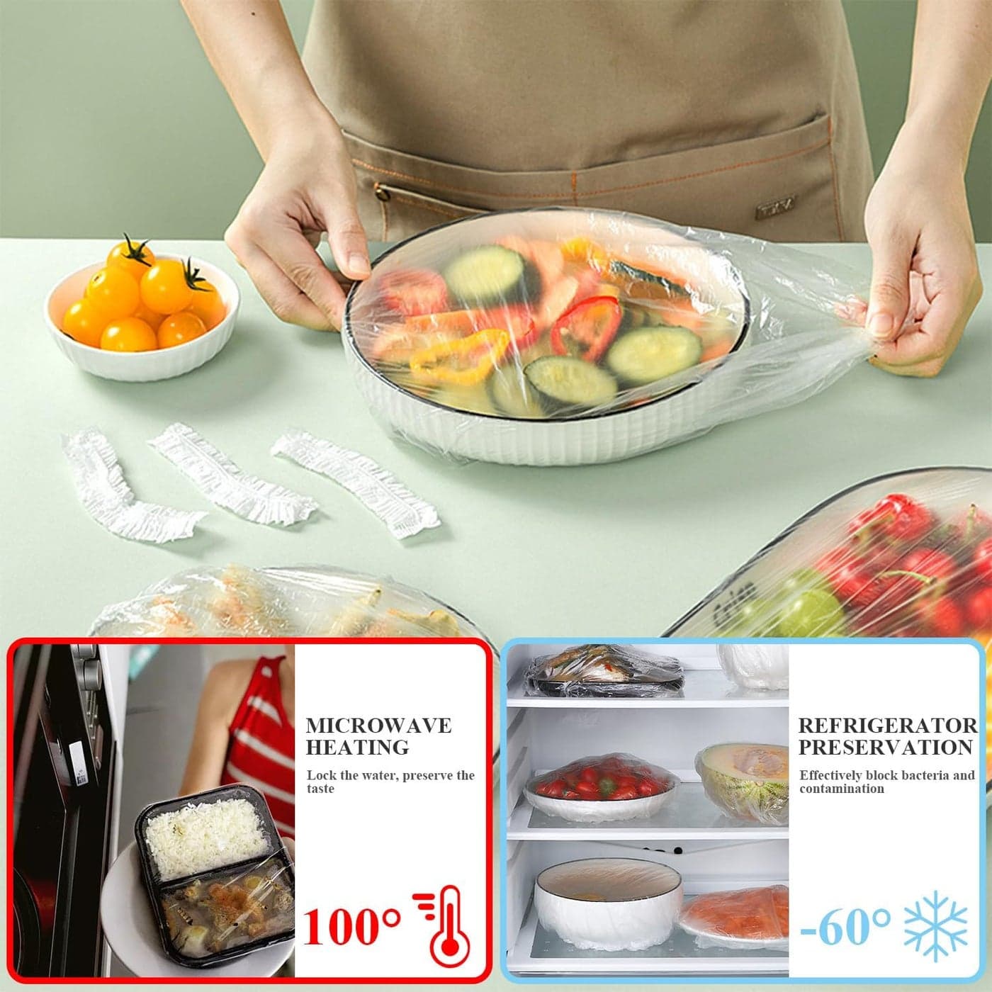 Cling Film with Elastic Band, 100 Pieces, Reusable Covers for Food, Fresh Storage Bags, Sealing Bags, Food Cover for Food Storage (5)