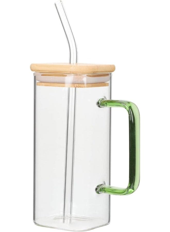 Glass Tumbler with Colored Handle Pack of 1, 400ml Coffee Sipper with Wooden Lid and Glass Straw Iced Tea Mug Clear Drinking Cup for Juice, Milk, Smoothie