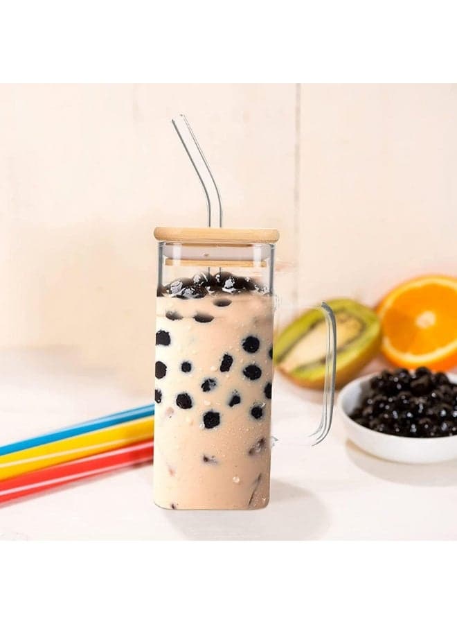Glass Tumbler with Colored Handle Pack of 1, 400ml Coffee Sipper with Wooden Lid and Glass Straw Iced Tea Mug Clear Drinking Cup for Juice, Milk, Smoothie (٢)