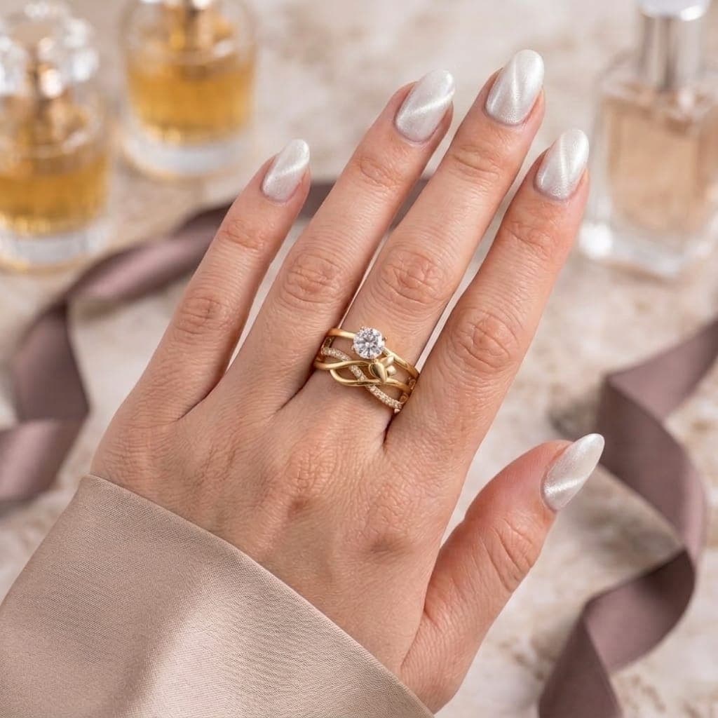 An elegant gold ring with an intricate design, adorned with delicate rows of sparkling zircon stones, and a shimmering central stone with an attractive gold leaf accent. It adds a touch of luxury to your look. Women's Rings (6)