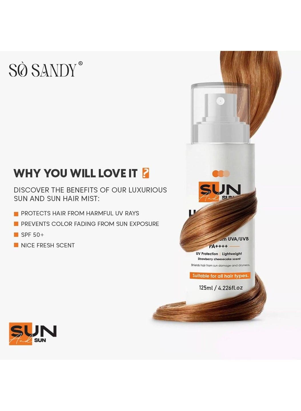 Sun & Sun Hair Spray SPF 50+ PA++++ 125ml Strawberry Cheesecake Scent Sunscreen SPF 50+ by So Sandy (٢)