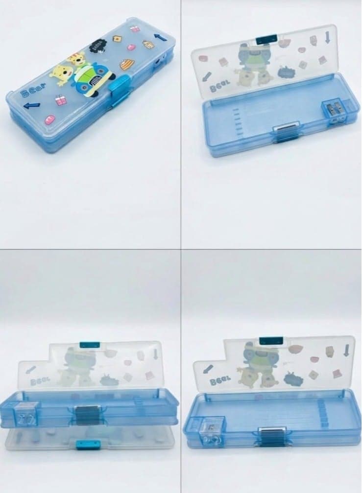 Double-sided school pencil case featuring a cartoon teddy bear design; it has two compartments and a professional side sharpener, in blue. Office Supplies