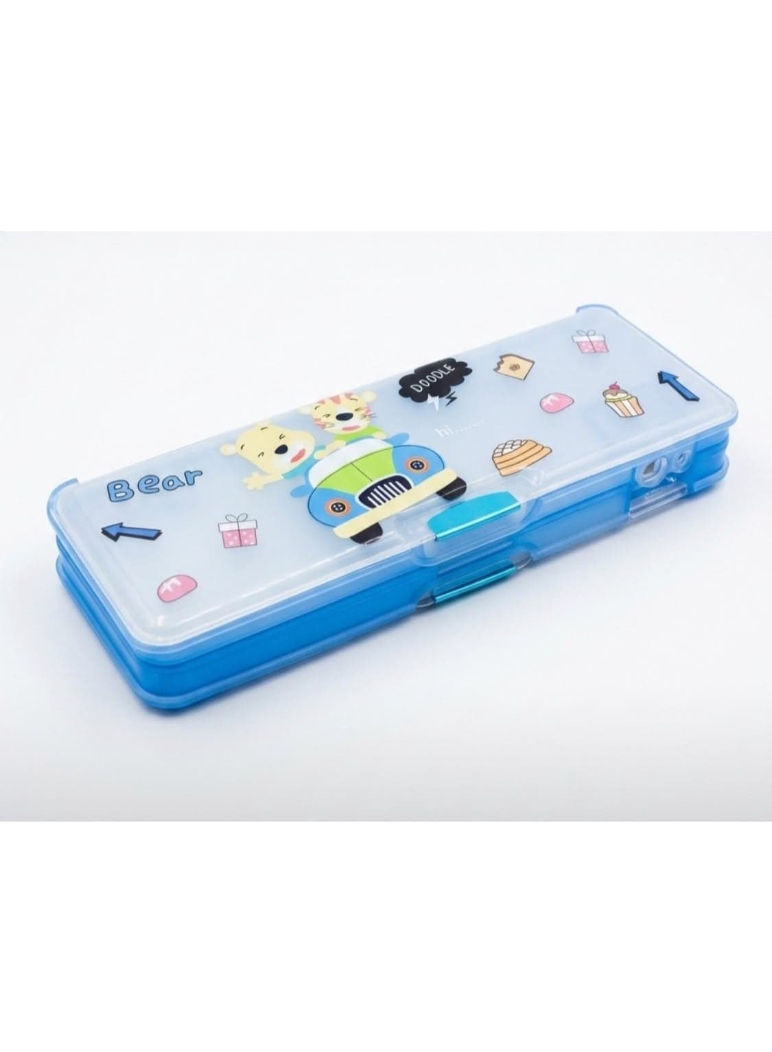 Double-sided school pencil case featuring a cartoon teddy bear design; it has two compartments and a professional side sharpener, in blue. Office Supplies (٢)