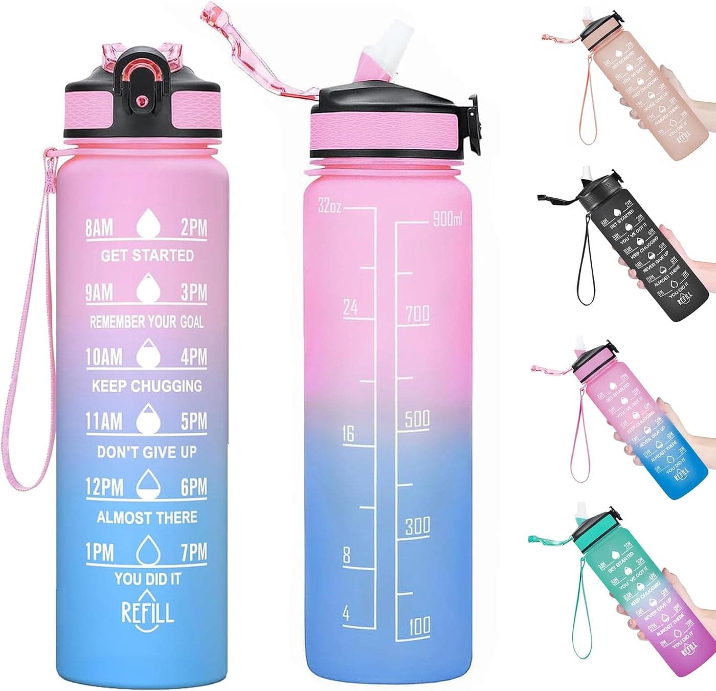 Generic 1 Liter Water Bottle with Motivational Time Markings and Straw, BPA-Free Reusable Fitness Hydration Bottle for Gym, Exercise, Sports, Office, University, Walking and Everyday Drinking, Gradient Pink Lavender (٣)