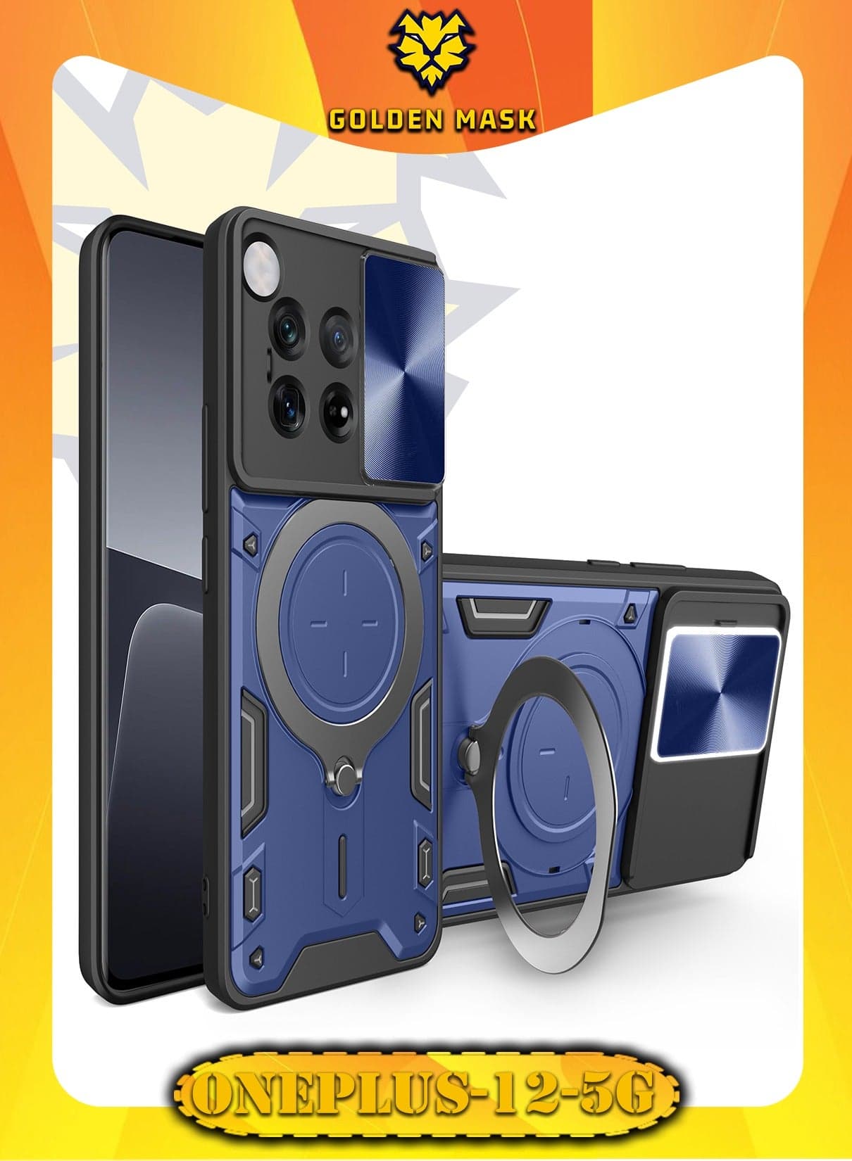 GOLDEN MASK For OnePlus 12 Armored Camera Shield Cover Camera Lend Protection, Built-in 360° (Blue) Cases & Covers