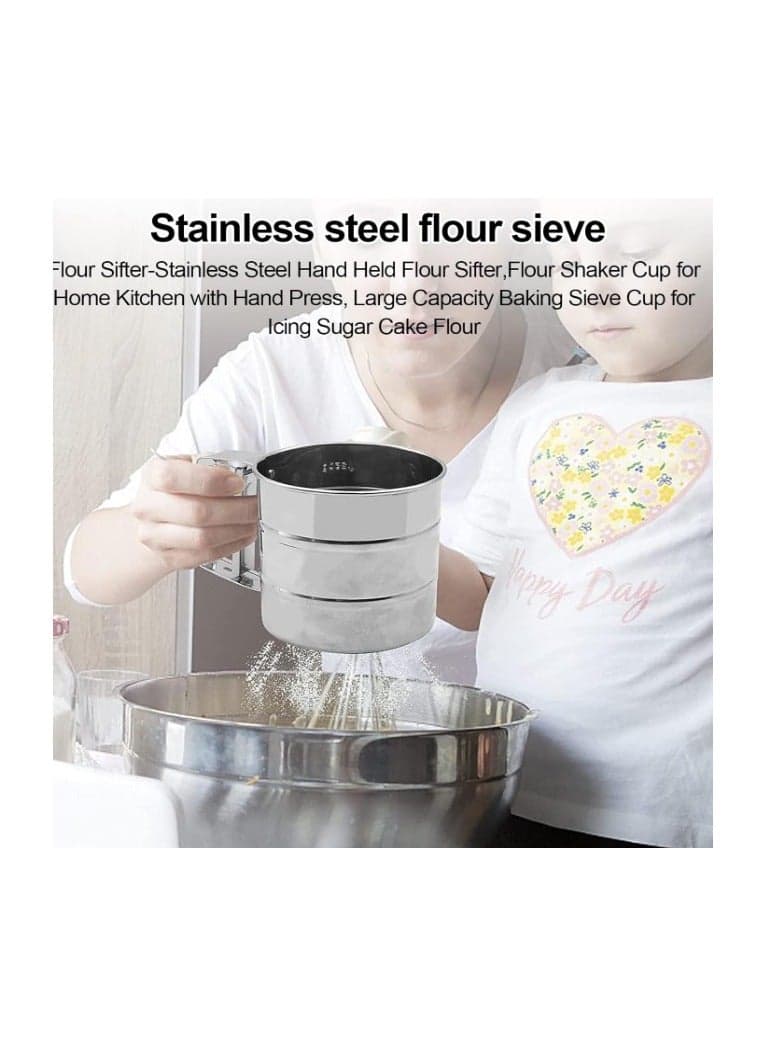 Stainless Steel Flour Sifter with Measurement for Sugar and Flour, Fine Mesh Strainers for Food with Handle, Double Layer Bread Sifter Kitchen Utensils & Gadgets (٥)