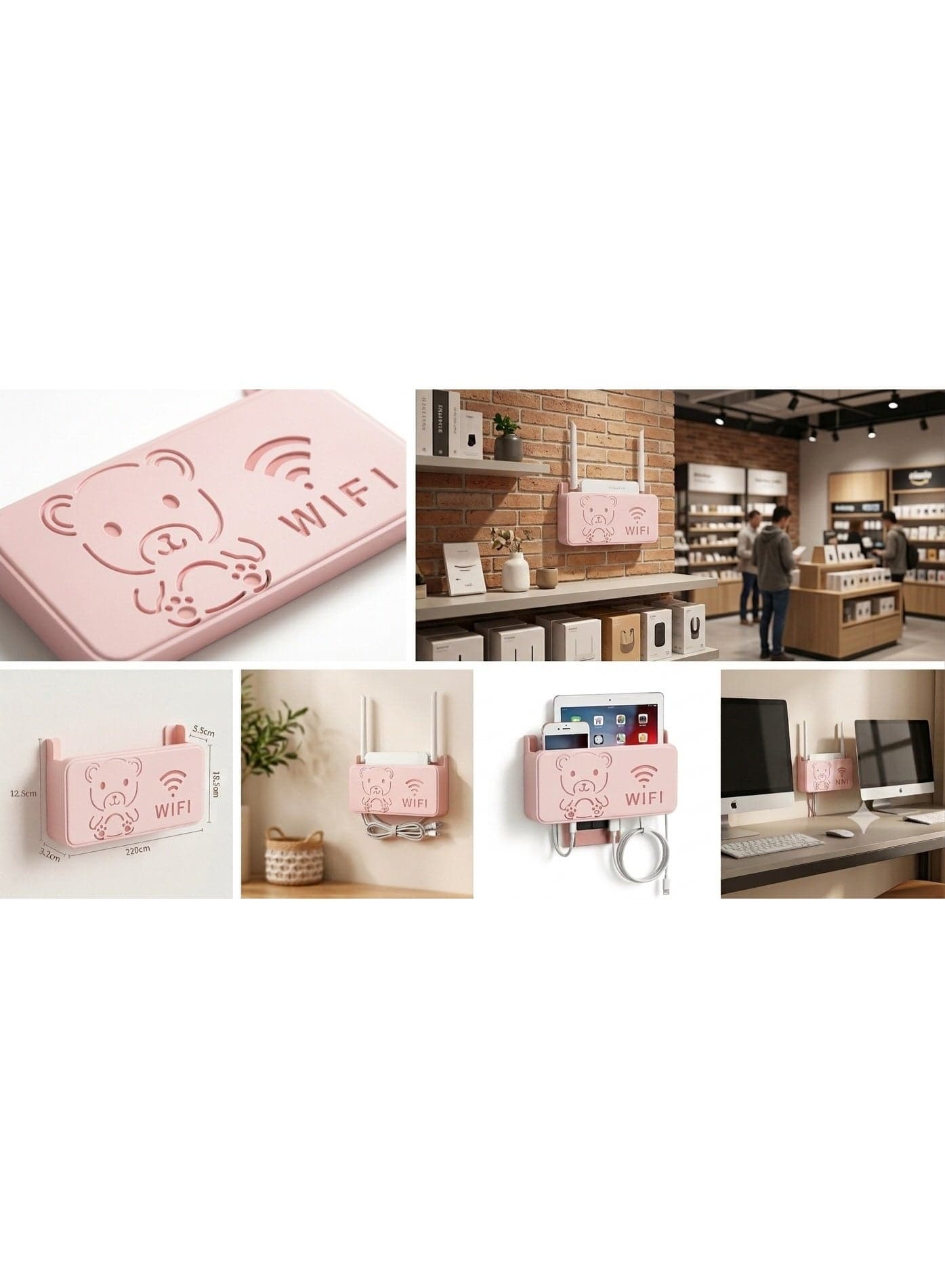 No-Drill Wall Mount Router Holder & Cable Organizer Box - Floating Shelf with Cute Bear & WiFi Cutout Design (Pink, 24x14x5.5 cm) Decorative Cable Box Hider Cord Organizers (٣)