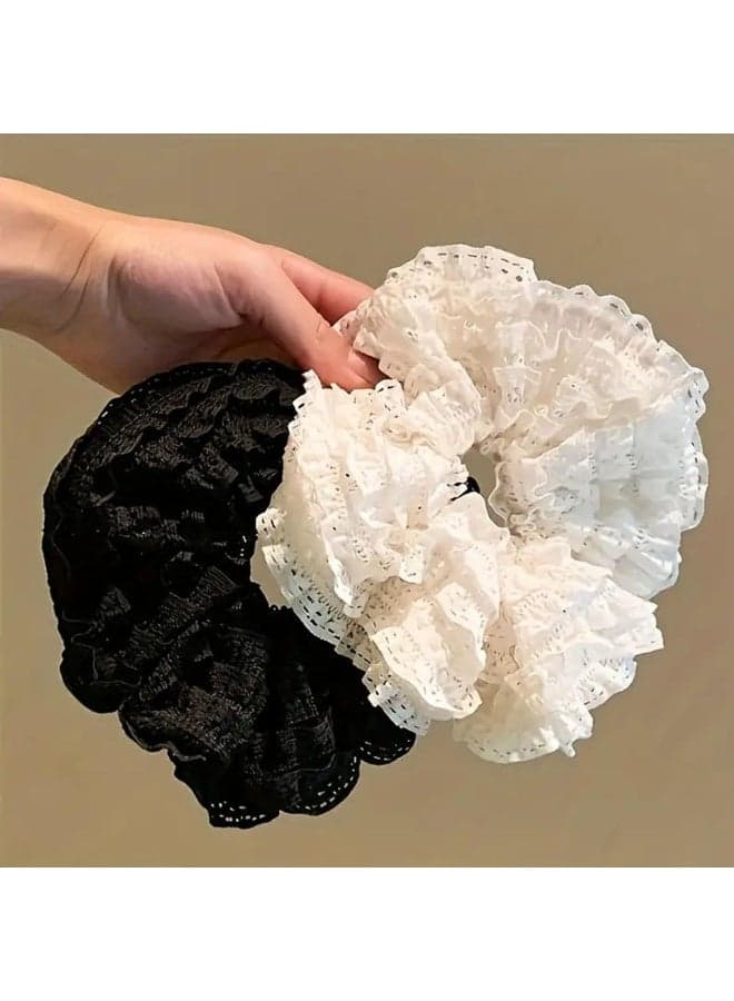 Elegant, vintage-inspired large hair ties from Ashkash, 2-pack - double-layered, hollow design, soft fabric, black and white, perfect for Valentine's Day, a stylish hair accessory Elastics (٢)