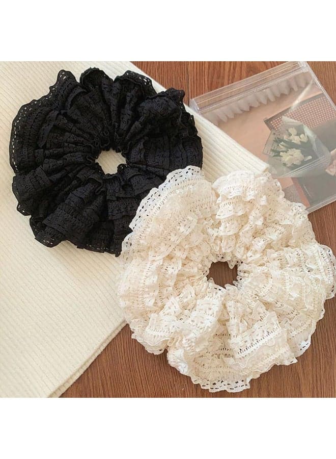 Elegant, vintage-inspired large hair ties from Ashkash, 2-pack - double-layered, hollow design, soft fabric, black and white, perfect for Valentine's Day, a stylish hair accessory Elastics