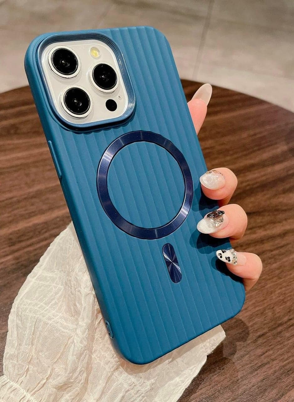 Plating Matte Style Corrugated Stripe Luggage Case for iPhone Cover 13\14 Wireless Charging Magnetic Luxury Case Wave Design (Blue, Iphone13/14)