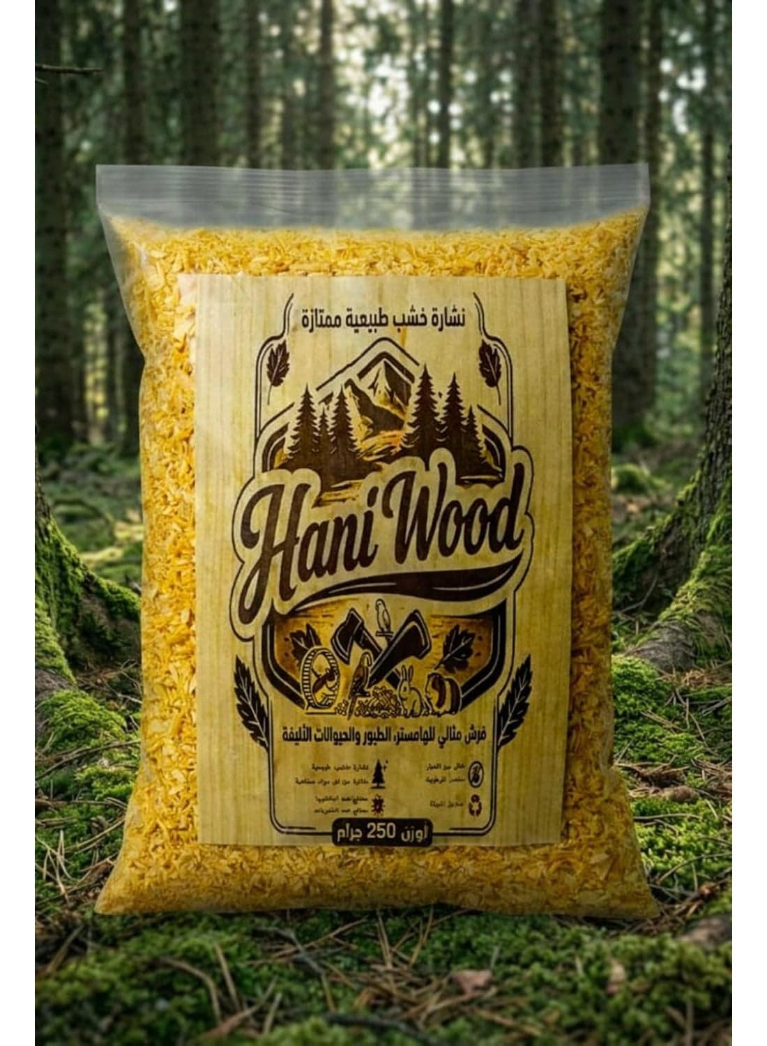Candy premium wood shavings for hamsters and birds. Natural and long-lasting colors. 100% safe. Golden yellow color. 250g pack.