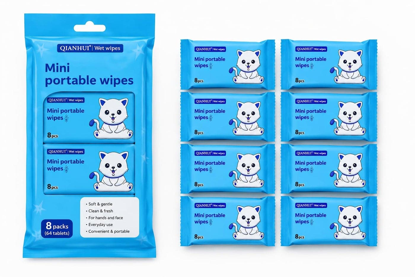 Mini Portable Wet Wipes, 8 Individual Packs (64 Wipes), Pocket Size for Travel, Face & Hands