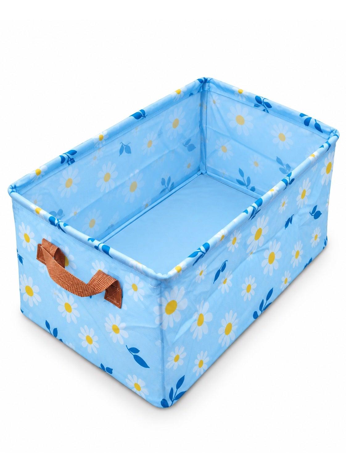 Multipurpose Foldable Storage Organizer Basket, Fabric Storage Box with Carry Handles for Clothes, Toys, Wardrobe, Shelves and Home Organization – Blue Floral Design