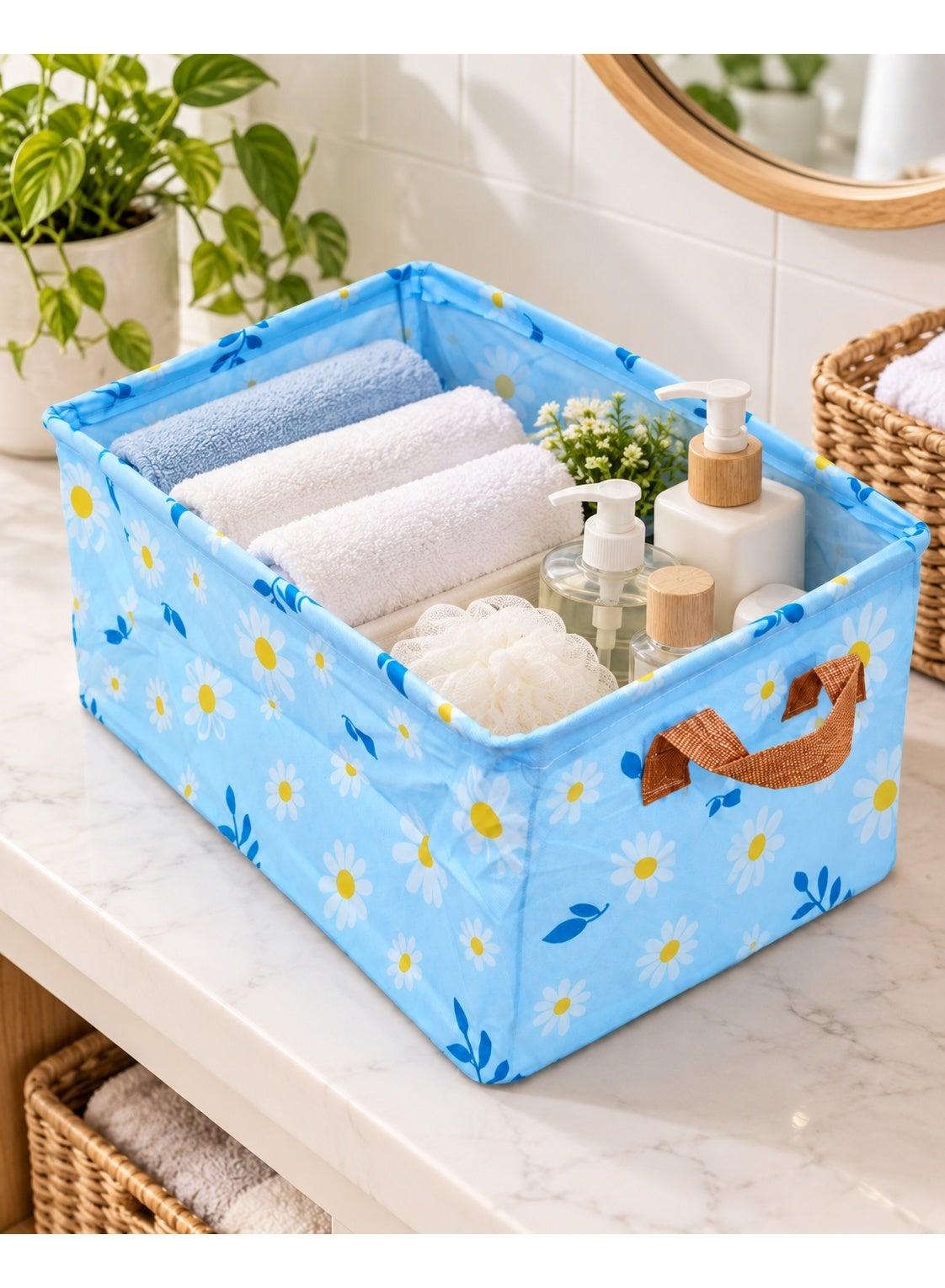 Multipurpose Foldable Storage Organizer Basket, Fabric Storage Box with Carry Handles for Clothes, Toys, Wardrobe, Shelves and Home Organization – Blue Floral Design (٣)