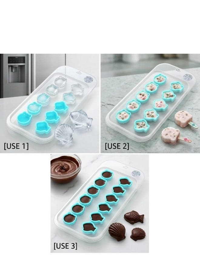 Ice Mold with Lid, Silicone & PP, 12 Fish & Seashell Cavities, Blue Ice Cube Trays (٢)