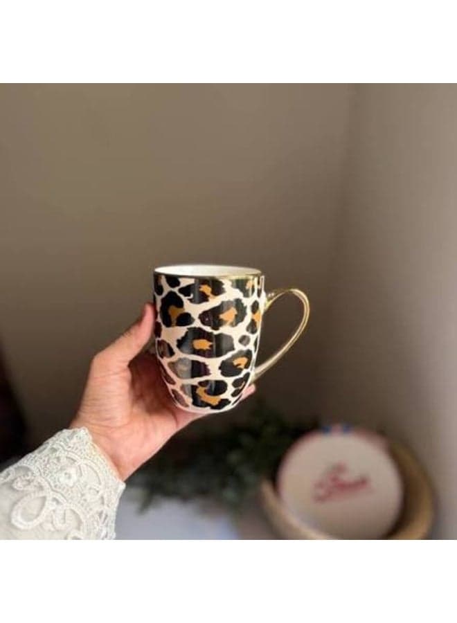Stylish Leopard Print Ceramic Coffee Mug - Elegant Cup with Gold-Trimmed Handle and Rim for Hot Beverages
